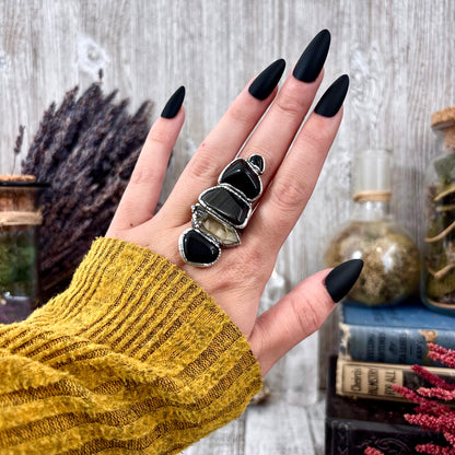 Multi Stone Black Obsidian Onyx Smoky Quartz Ring In Silver Size 9 / Foxlark Collection