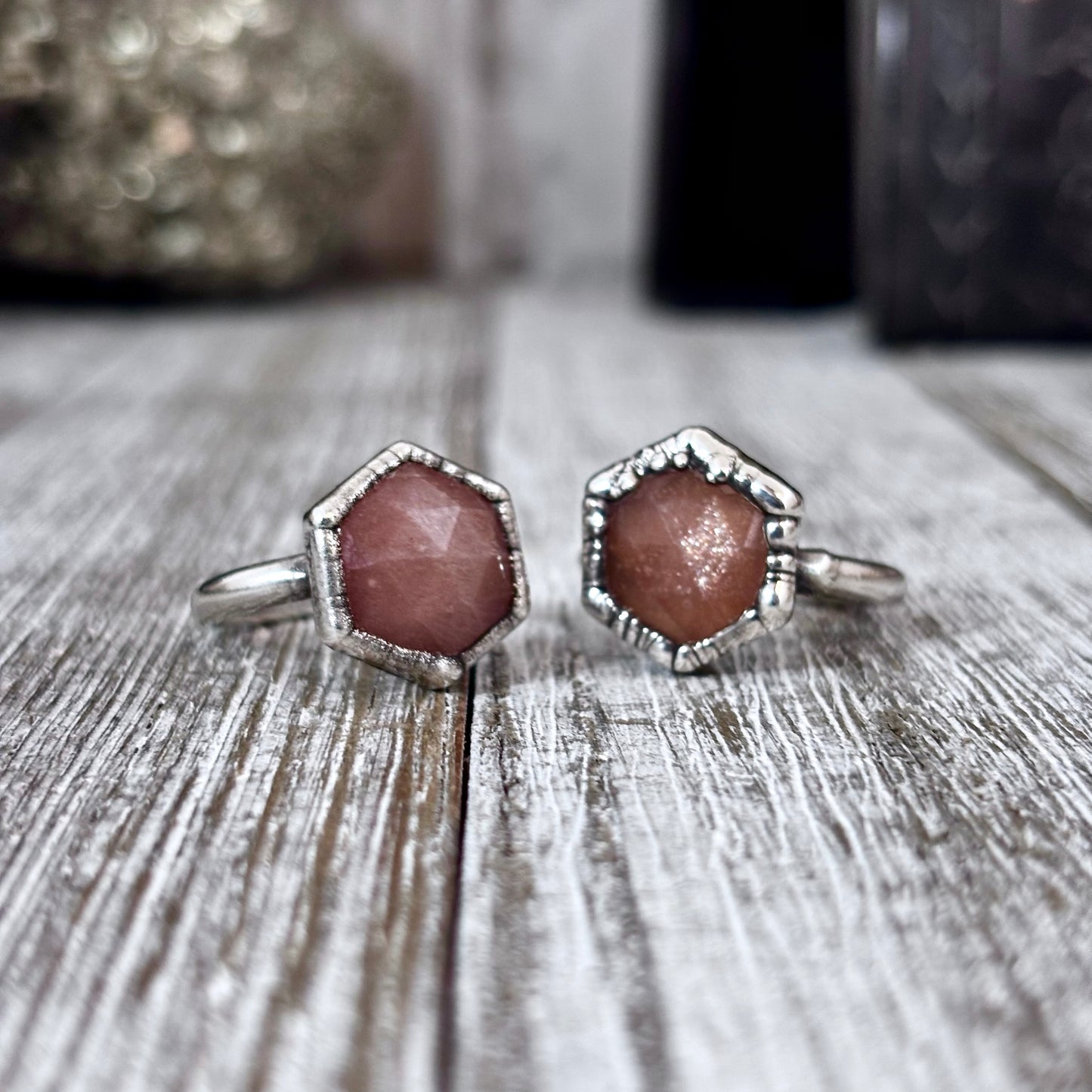 Peach Moonstone Ring Fine Silver Small Faceted Stone Ring Size 5 6 7 8 9 10 11 / Foxlark Collection