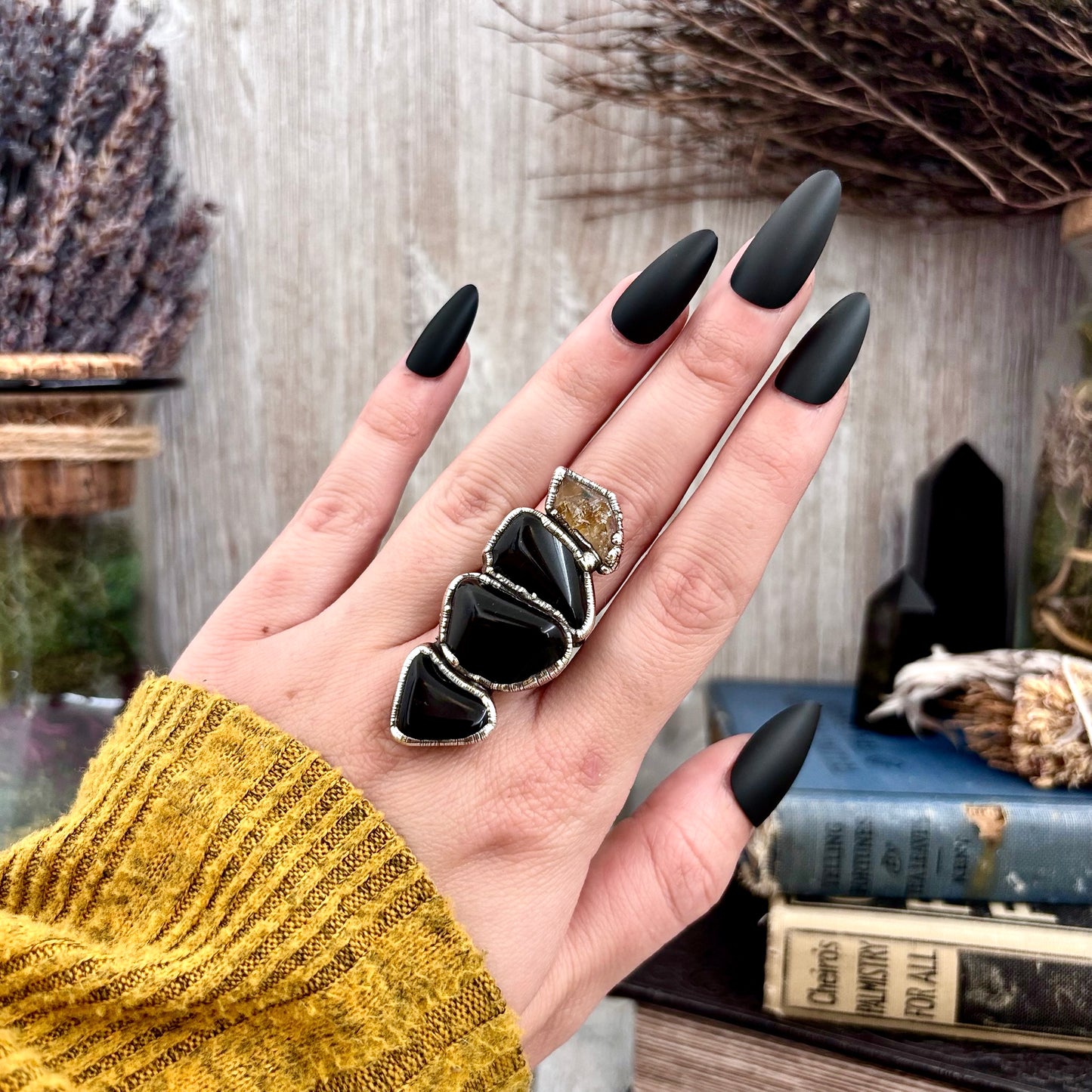 Multi Stone Black Obsidian Citrine  Ring In Silver Size 7 / Foxlark Collection