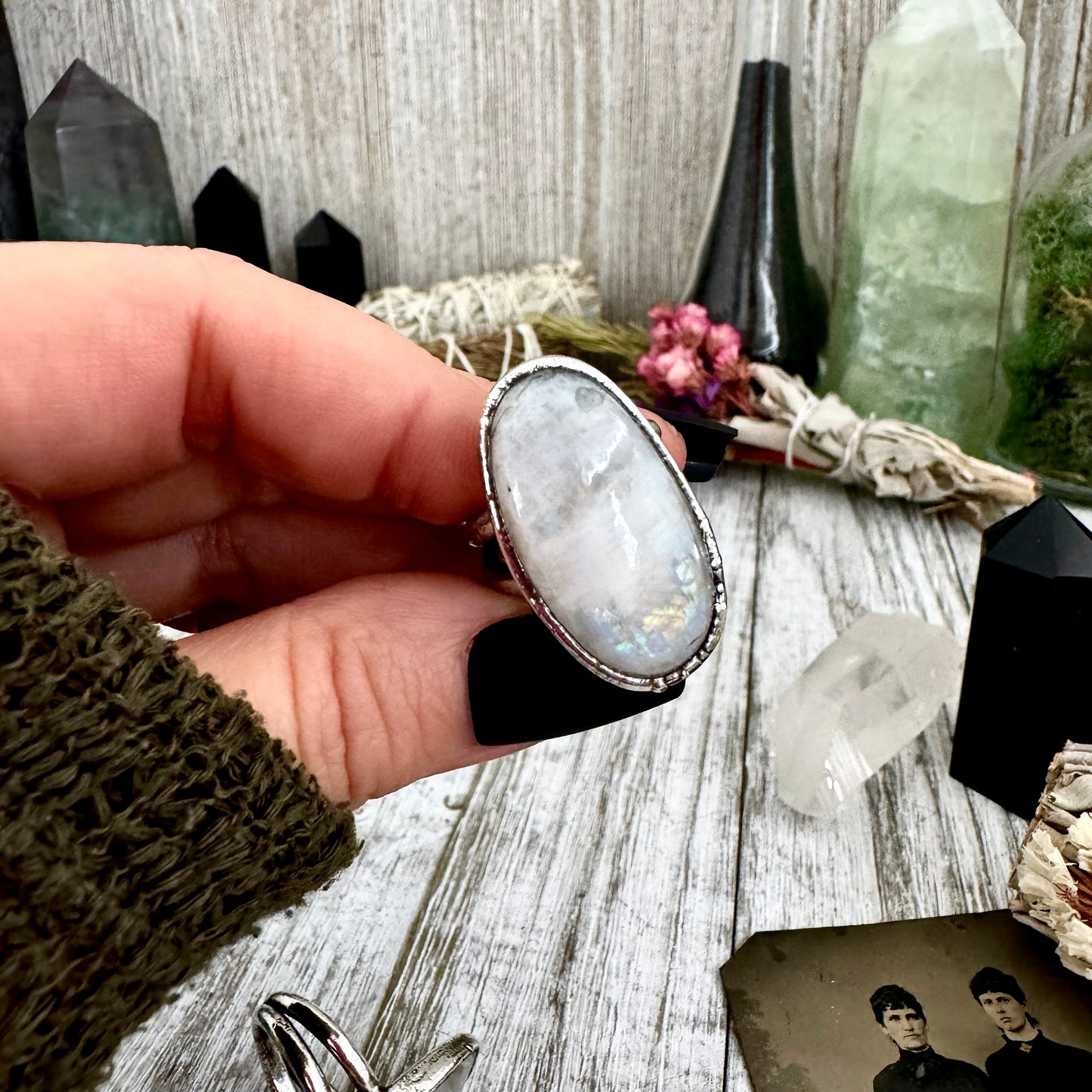 Rainbow Moonstone Ring Silver Size 7 8 9 10 / Foxlark Collection