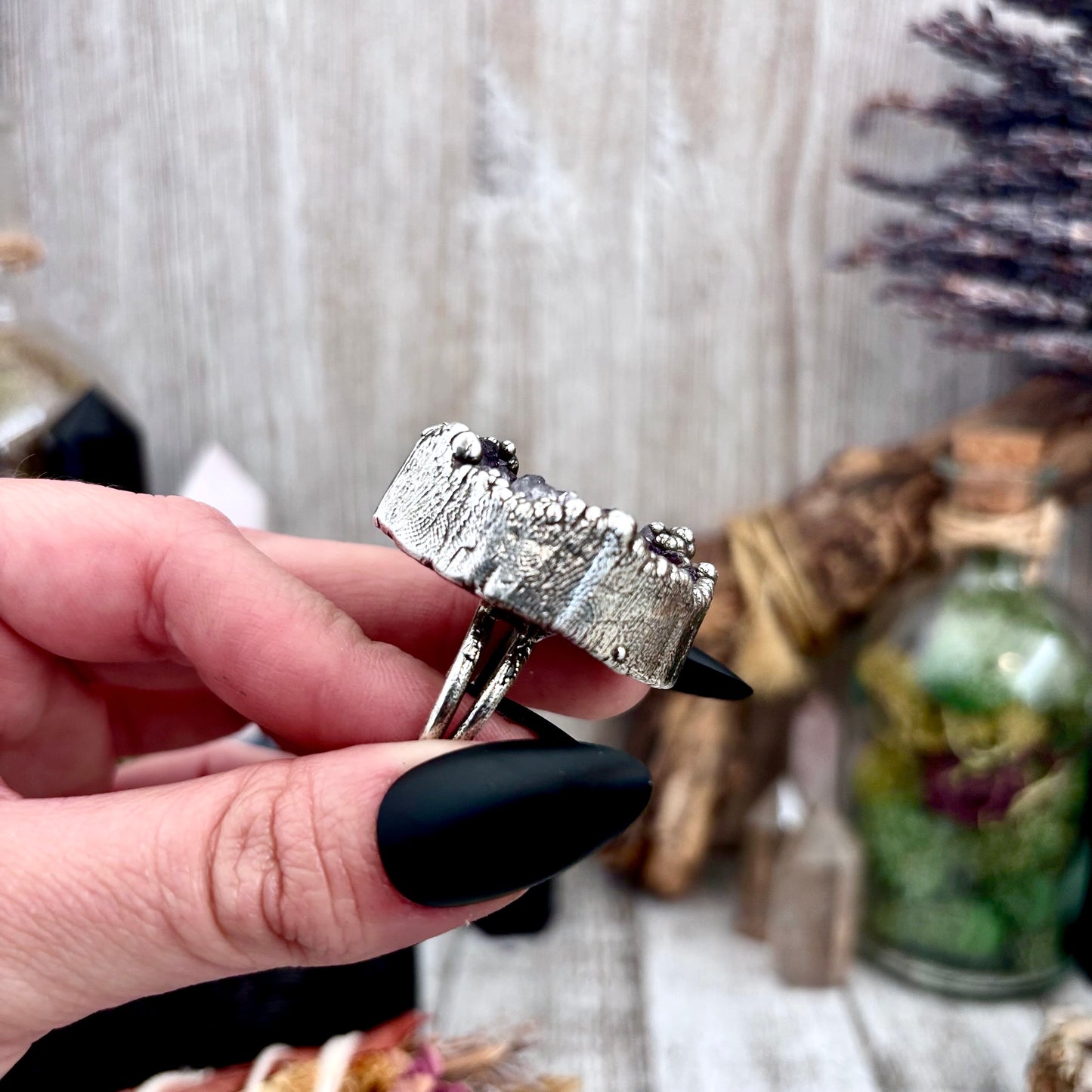 Raw Purple Amethyst Crystal Druzy Geode Ring in Fine Silver Size 10.5 / Foxlark Collection