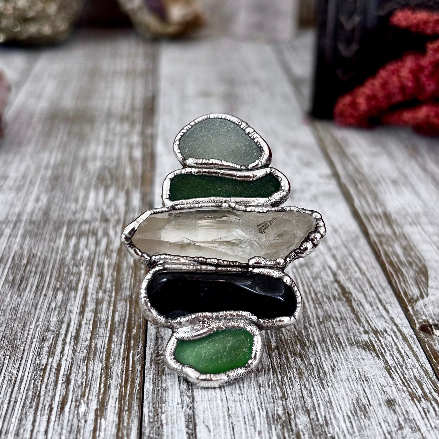 Multi Stone Sea Glass Obsidian Clear Quartz Ring In Silver Size 8/ Foxlark Collection