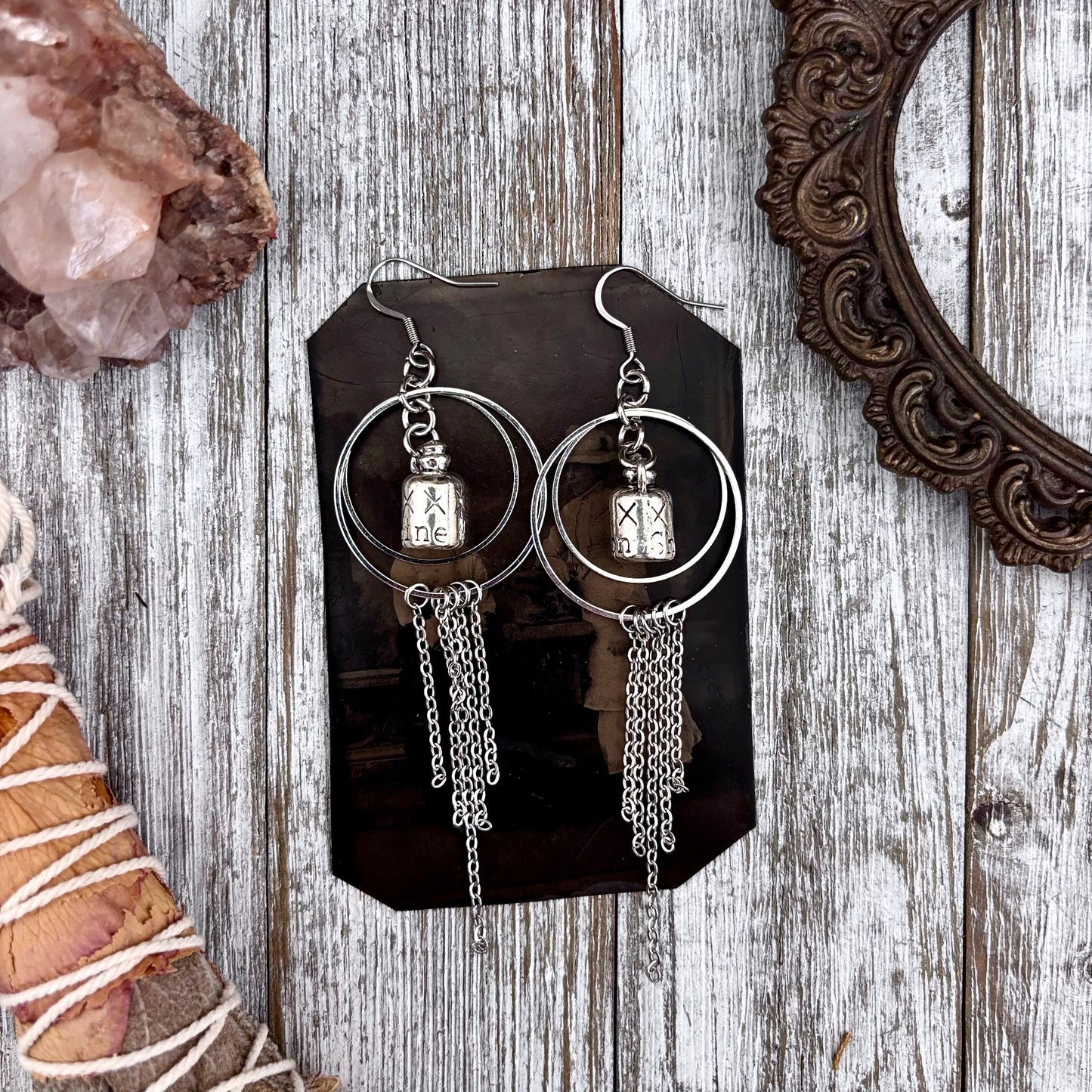 Silver Moonshine Bottle Earrings Stainless Steel Hoop and Fringe / Long Dangle Punk Earrings