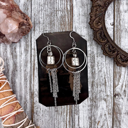 Silver Moonshine Bottle Earrings Stainless Steel Hoop and Fringe / Long Dangle Punk Earrings