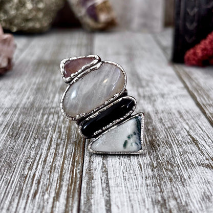 Multi Stone Peach Moonstone Rainbow Moonstone Obsidian Moss Agate Quartz Ring In Silver Size 10 / Foxlark Collection