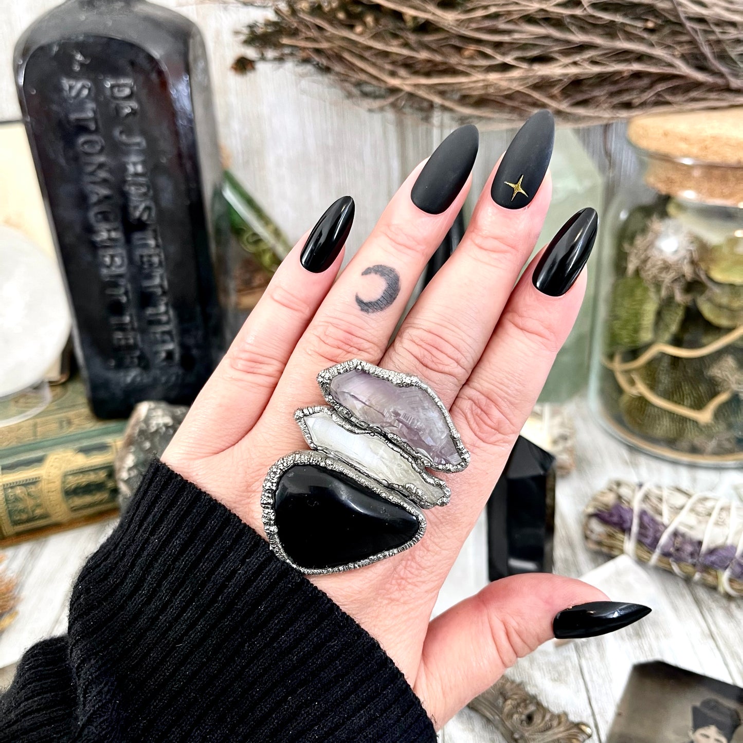 Size 9 Crystal Ring - Three Stone Black Onyx Clear Quartz Amethyst Ring in Silver / Foxlark Collection - One of a Kind