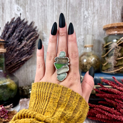 Multi Stone Aquamarine Smoky Quartz Sea Glass Ring In Silver Size 9 / Foxlark Collection