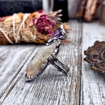 Two Stone Raw Amethyst and Citrine Ring in Fine Silver Size 7.5 / Foxlark Collection - One of a Kind