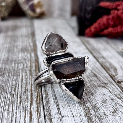 Multi Stone Obsidian Smoky Quartz Tourmaline Quartz Ring In Silver Size 9.5 / Foxlark Collection