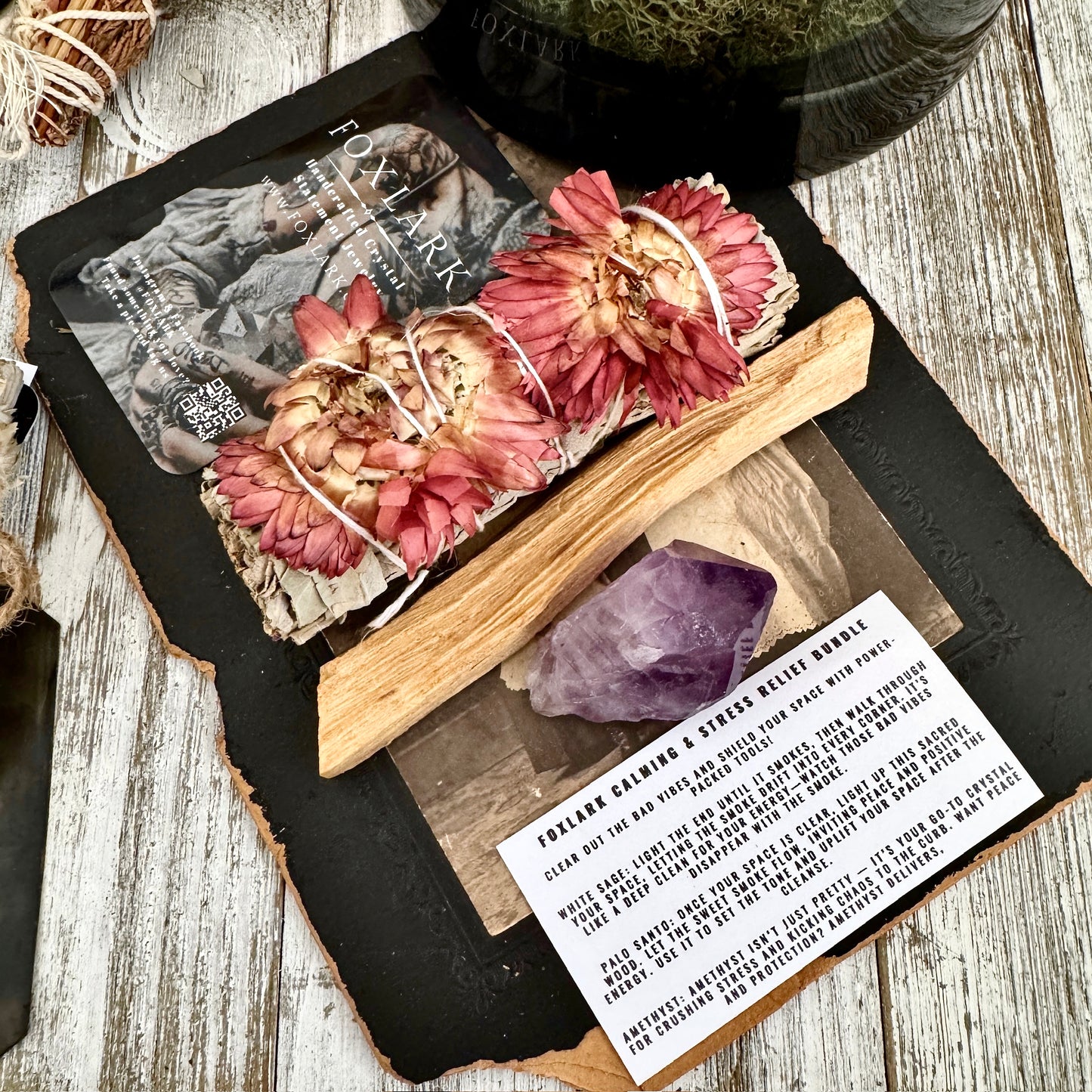 Sage Crystal Bundle with White Sage Palo Santo Amethyst / Foxlark Calming & Stress Relief Bundle