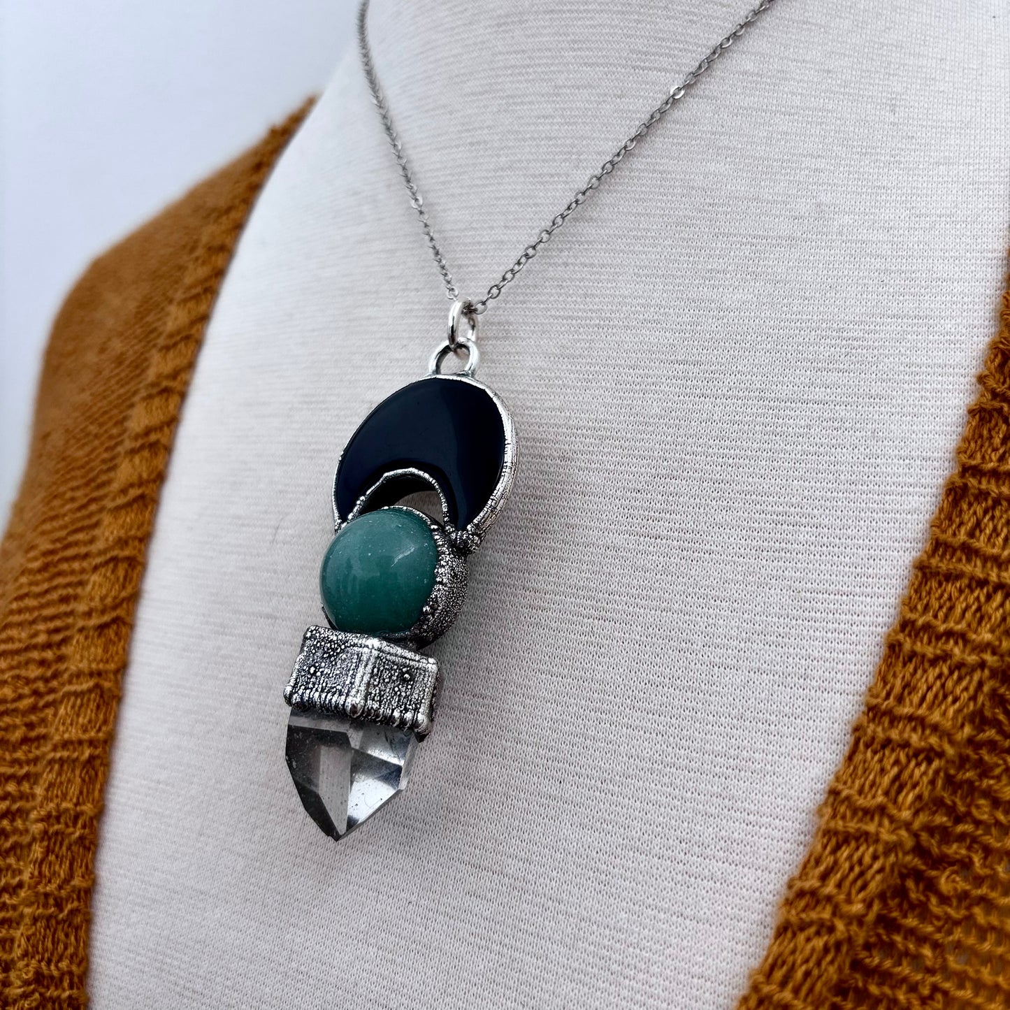 Black Onyx Moon, Green Aventurine Crystal ball, Clear Phantom Quartz Necklace in Fine Silver / Foxlark Collection - One of a Kind