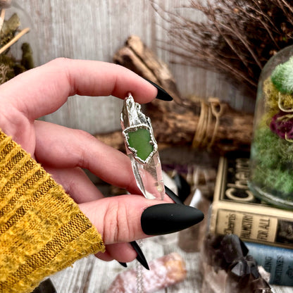 Clear Quartz & Green Sea Glass Crystal Statement Necklace in Fine Silver / Foxlark Collection - One of a Kind