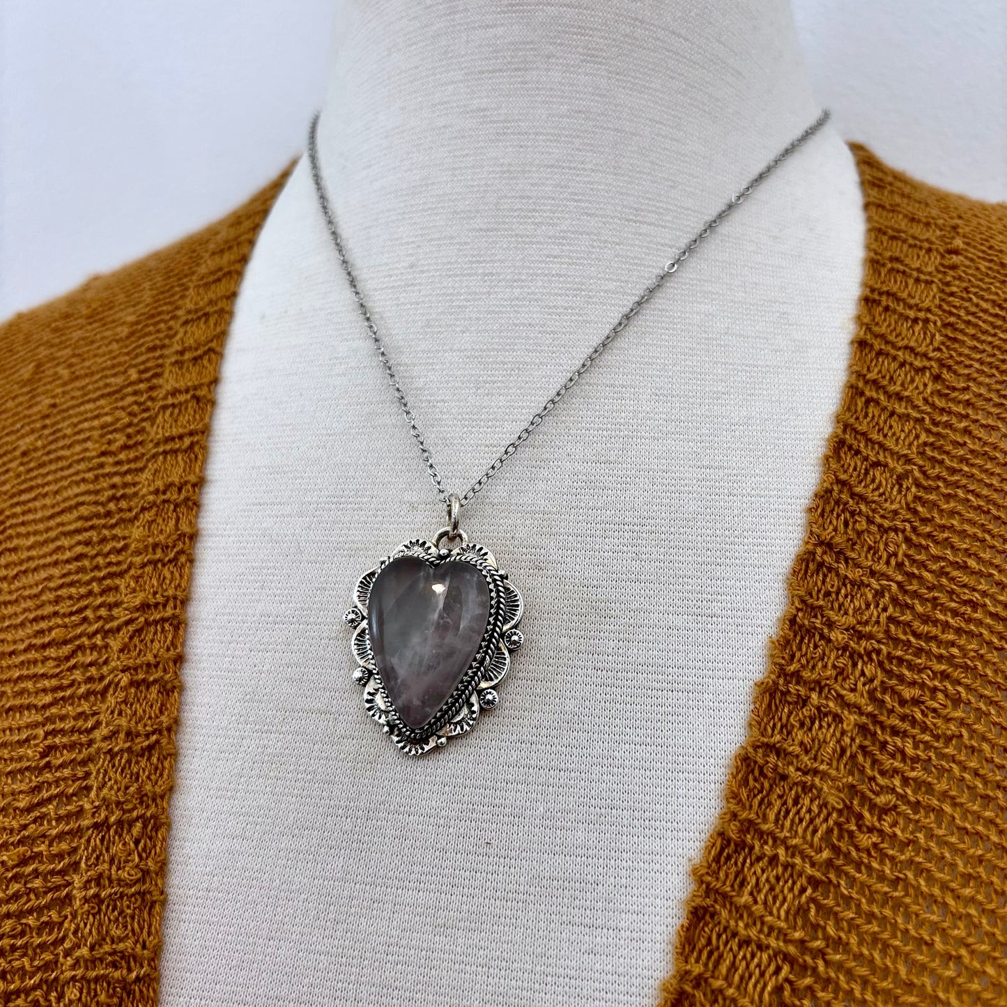 Rose Quartz Crystal Heart Necklace in Sterling Silver  -Designed by FOXLARK Collection