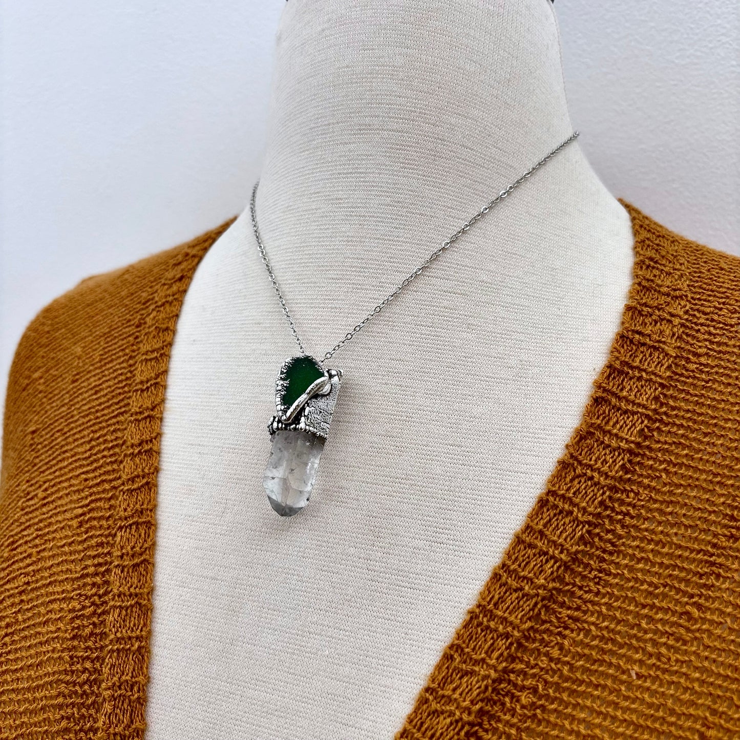 Clear Quartz & Green Sea Glass Crystal Statement Necklace in Fine Silver / Foxlark Collection - One of a Kind
