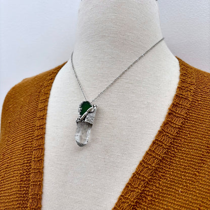 Clear Quartz & Green Sea Glass Crystal Statement Necklace in Fine Silver / Foxlark Collection - One of a Kind