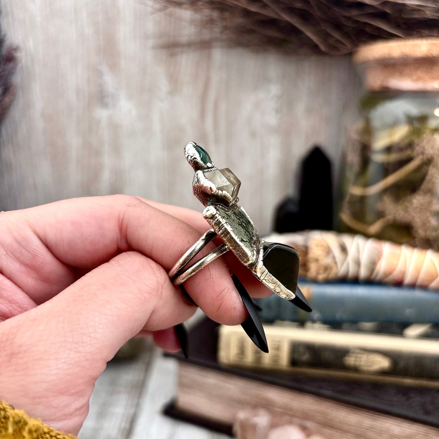 Multi Stone Obsidian Marcasite Clear Quartz Moss Agate Ring In Silver Size 8 / Foxlark Collection