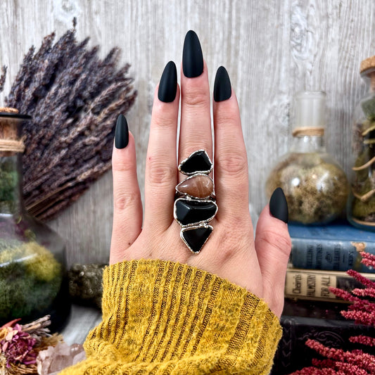 Multi Stone Black Obsidian Sun Stone Ring In Silver Size 10 / Foxlark Collection