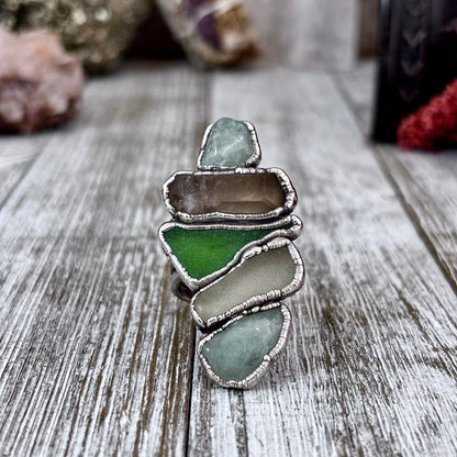 Multi Stone Aquamarine Smoky Quartz Sea Glass Ring In Silver Size 9 / Foxlark Collection