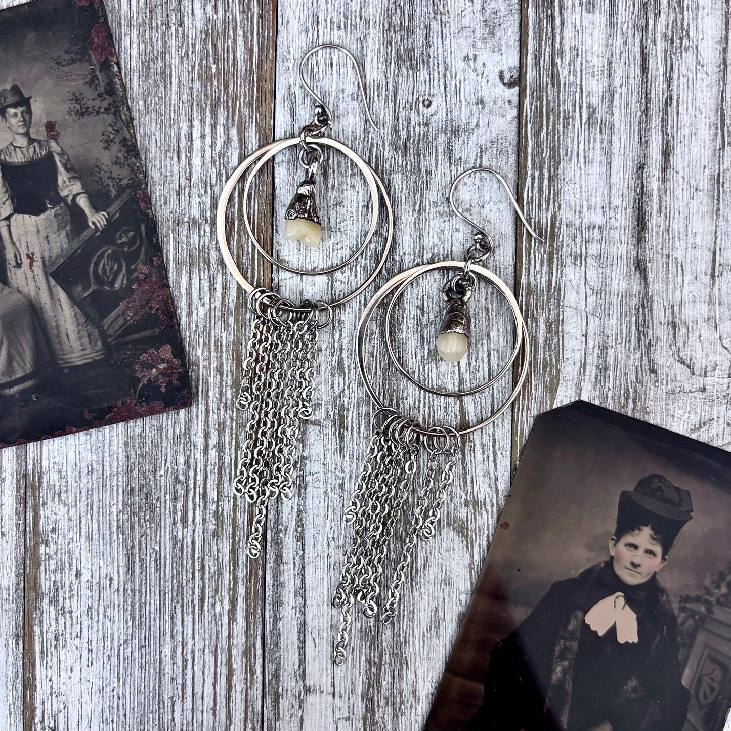 Sterling Silver Tooth Hoop Fringe Earrings / Long Dangle Witchy Earrings