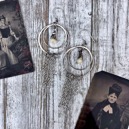 Sterling Silver Tooth Hoop Fringe Earrings / Long Dangle Witchy Earrings