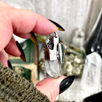 Clear Quartz & Green Sea Glass Crystal Statement Necklace in Fine Silver / Foxlark Collection - One of a Kind