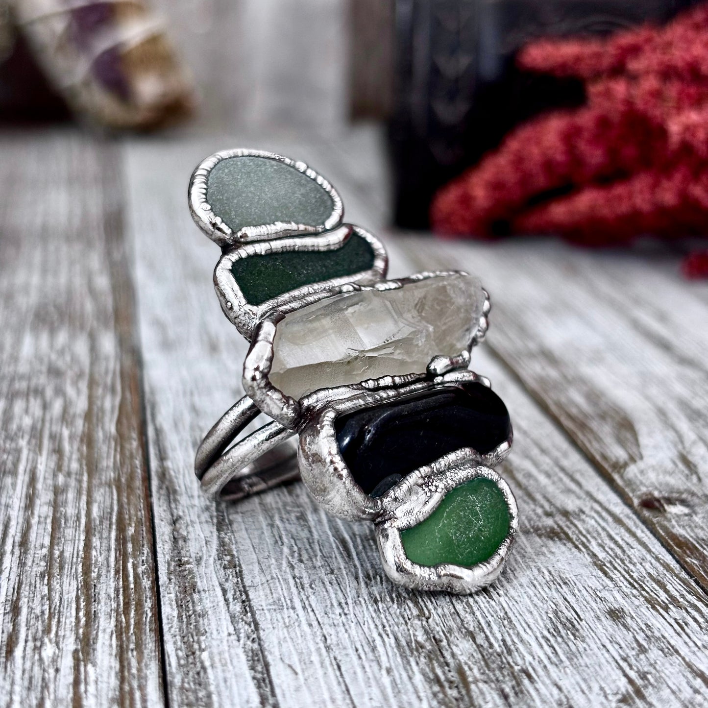 Multi Stone Sea Glass Obsidian Clear Quartz Ring In Silver Size 8/ Foxlark Collection