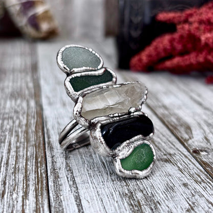 Multi Stone Sea Glass Obsidian Clear Quartz Ring In Silver Size 8/ Foxlark Collection