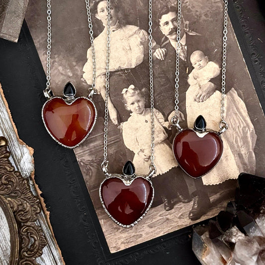 Carnelian Crystal Heart Black Onyx Teardrop Statement Necklace in Fine Silver / Foxlark Collection - One of a Kind