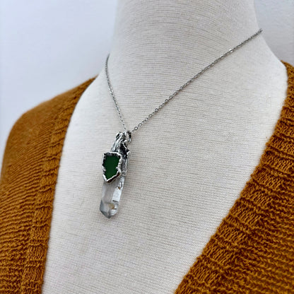 Clear Quartz & Green Sea Glass Crystal Statement Necklace in Fine Silver / Foxlark Collection - One of a Kind