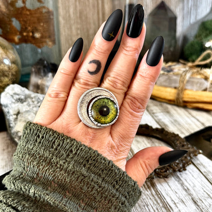 Green Glass Eye Statement Ring Silver Size 10  / Foxlark Collection