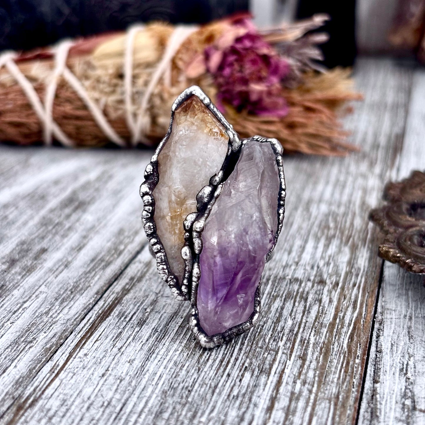 Two Stone Raw Amethyst and Citrine Ring in Fine Silver Size 10 / Foxlark Collection - One of a Kind