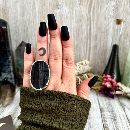 Large Raw Black Tourmaline Ring Silver Size 8 / Foxlark Jewelry Collection