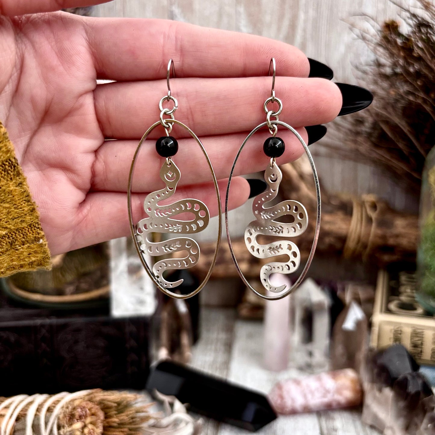 Moon Phases Snake Black Obsidian Beaded Hoop Earrings Sterling Silver & Stainless Steel Earrings