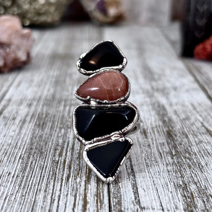 Multi Stone Black Obsidian Sun Stone Ring In Silver Size 10 / Foxlark Collection