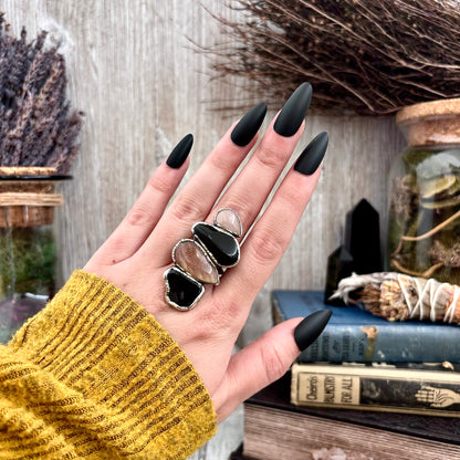 Multi Stone Black Obsidian Sun Stone Rose Quartz Ring In Silver Size 8 / Foxlark Collection