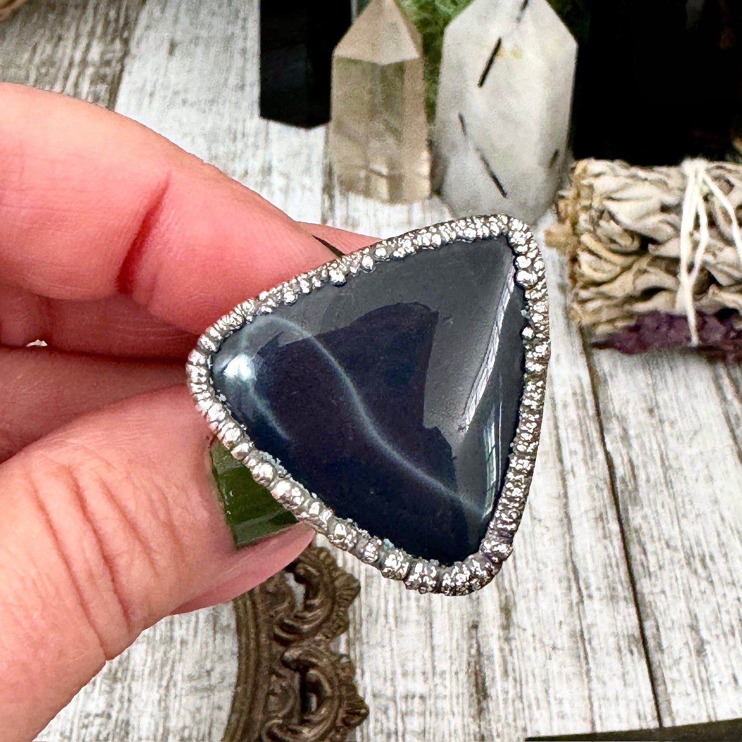 Spiderweb Obsidian Crystal Ring Fine Silver Size 8.5 / Foxlark Collection - One of a Kind