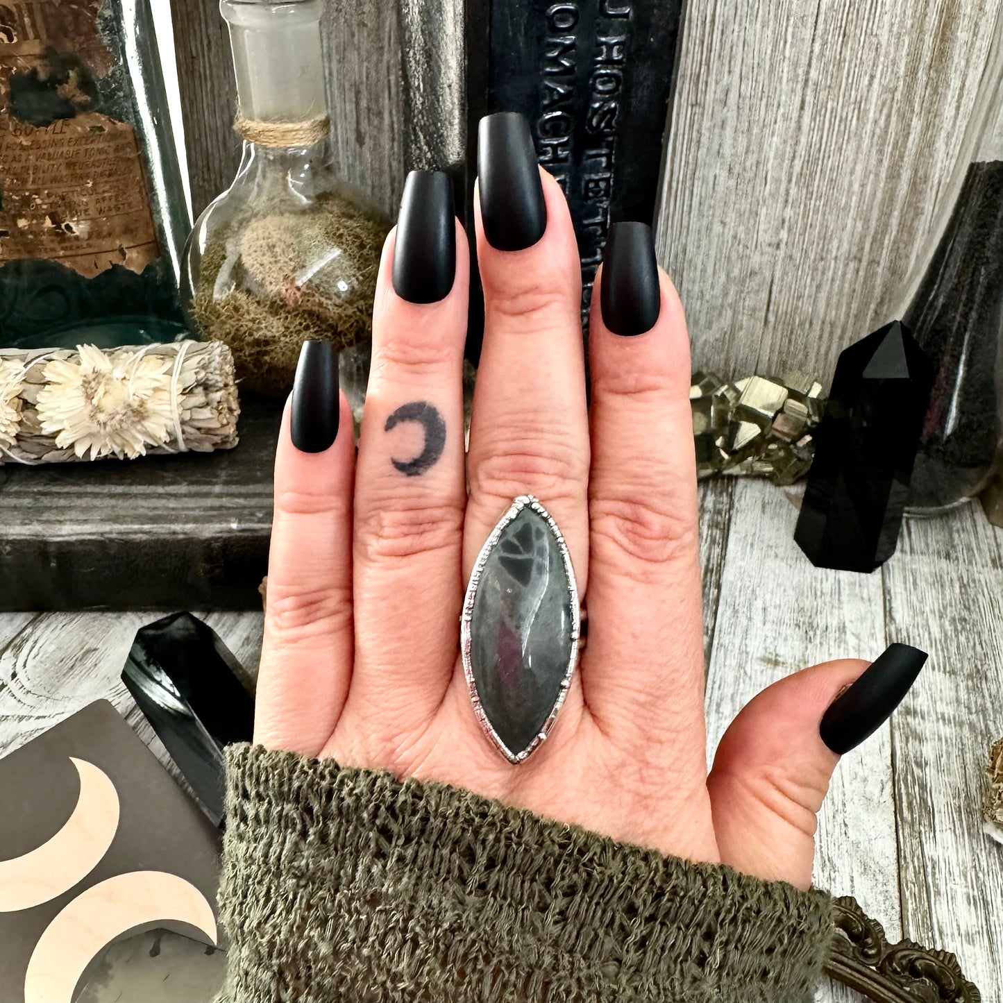 Spider Web Obsidian Ring Silver Size 9 / Foxlark Collection