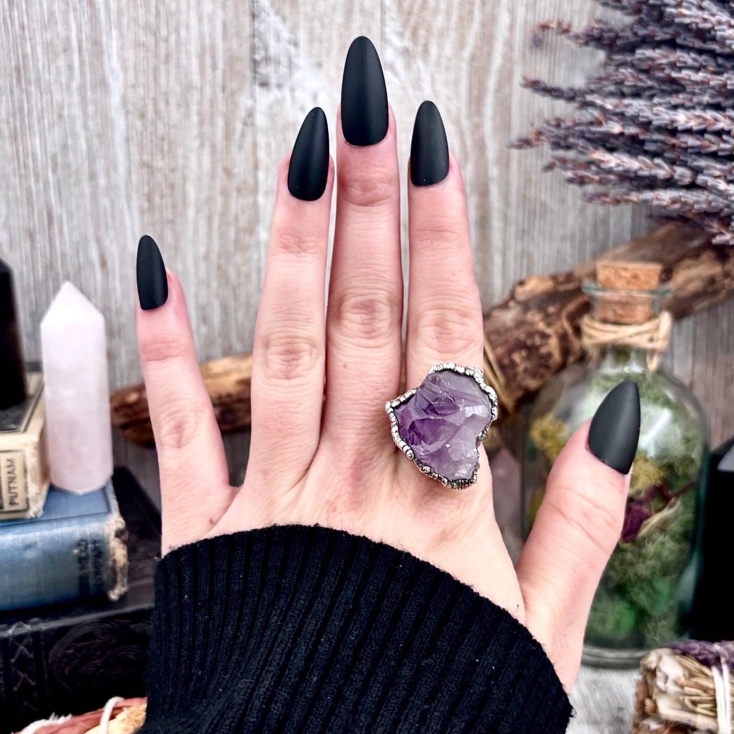 Raw Amethyst Crystal  Ring Set in Fine Silver Size 8 / Foxlark Collection - One of a Kind