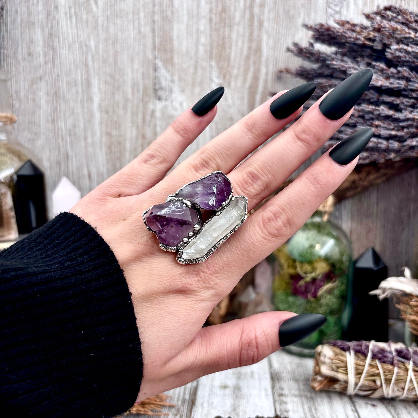 Three Stone Raw Amethyst Clear Quartz Ring In Silver Size 9.5 / Foxlark Collection