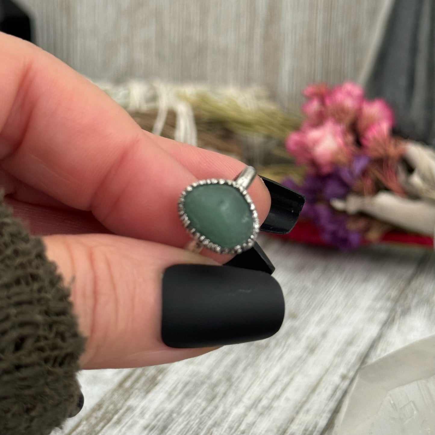 Green Aventurine Small Stone Ring in Fine Silver Size 5 6 7 8 9 / Foxlark Collection