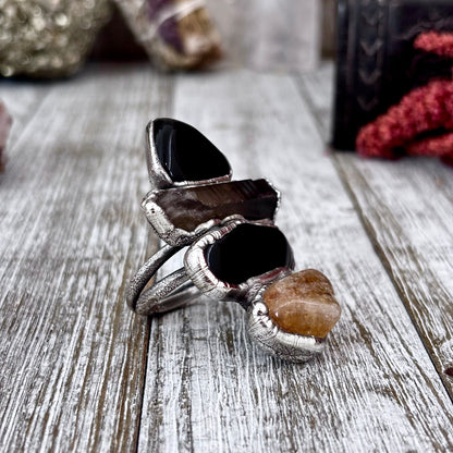 Multi Stone Citrine Black Obsidian Smoky Quartz Ring In Silver Size 7 / Foxlark Collection