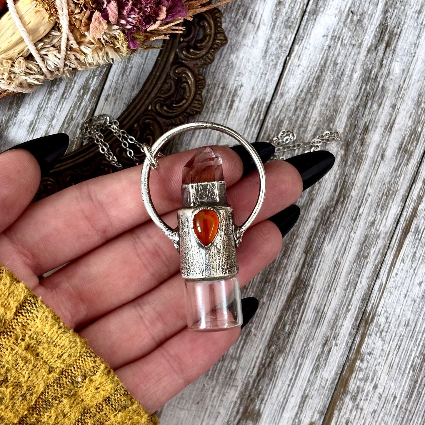 Garden Quartz and Carnelian Crystal Necklace / Silver Rollerball Necklace