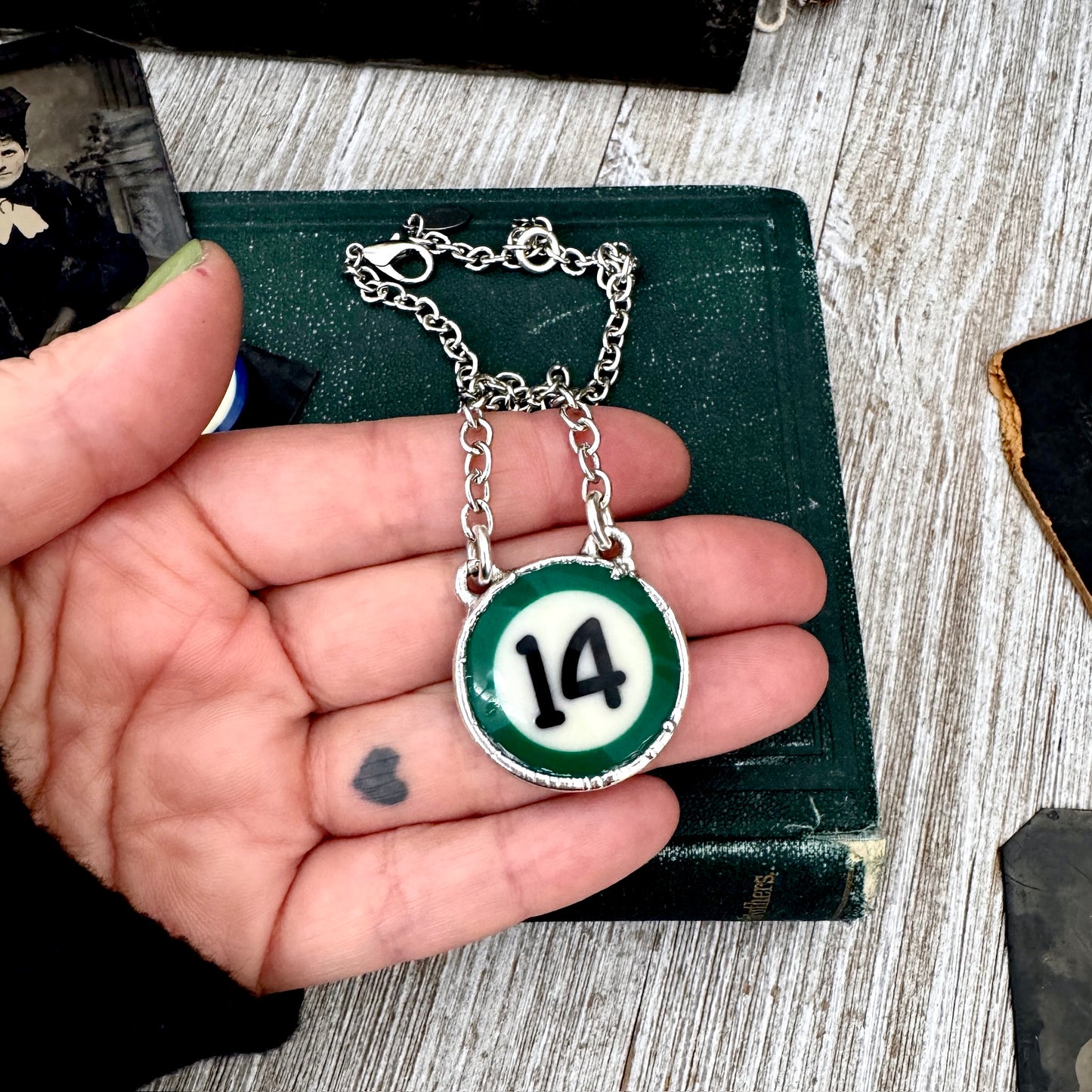 Playing Games - #14 Vintage Pool Ball Necklace Fine Silver - One of a Kind.