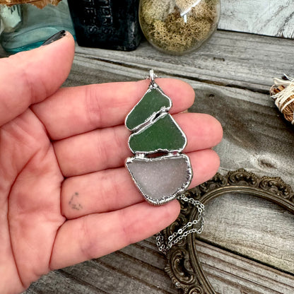 Three Stone Green and Clear Sea Glass Necklace in Fine Silver / Foxlark Collection