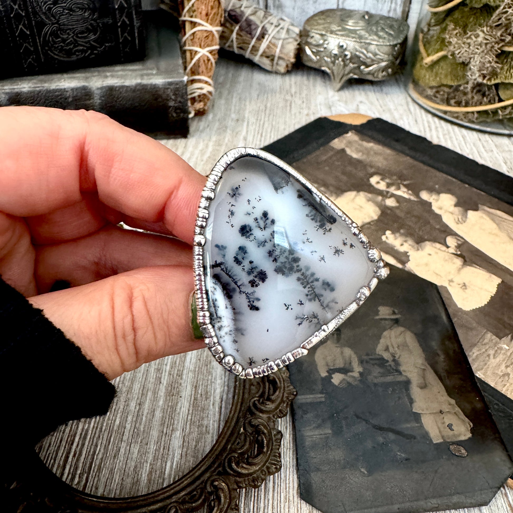 The Colossal Collection - Dendritic Agate Crystal Ring Set in Fine Silver Size 7.5 /One of a Kind FOXLARK