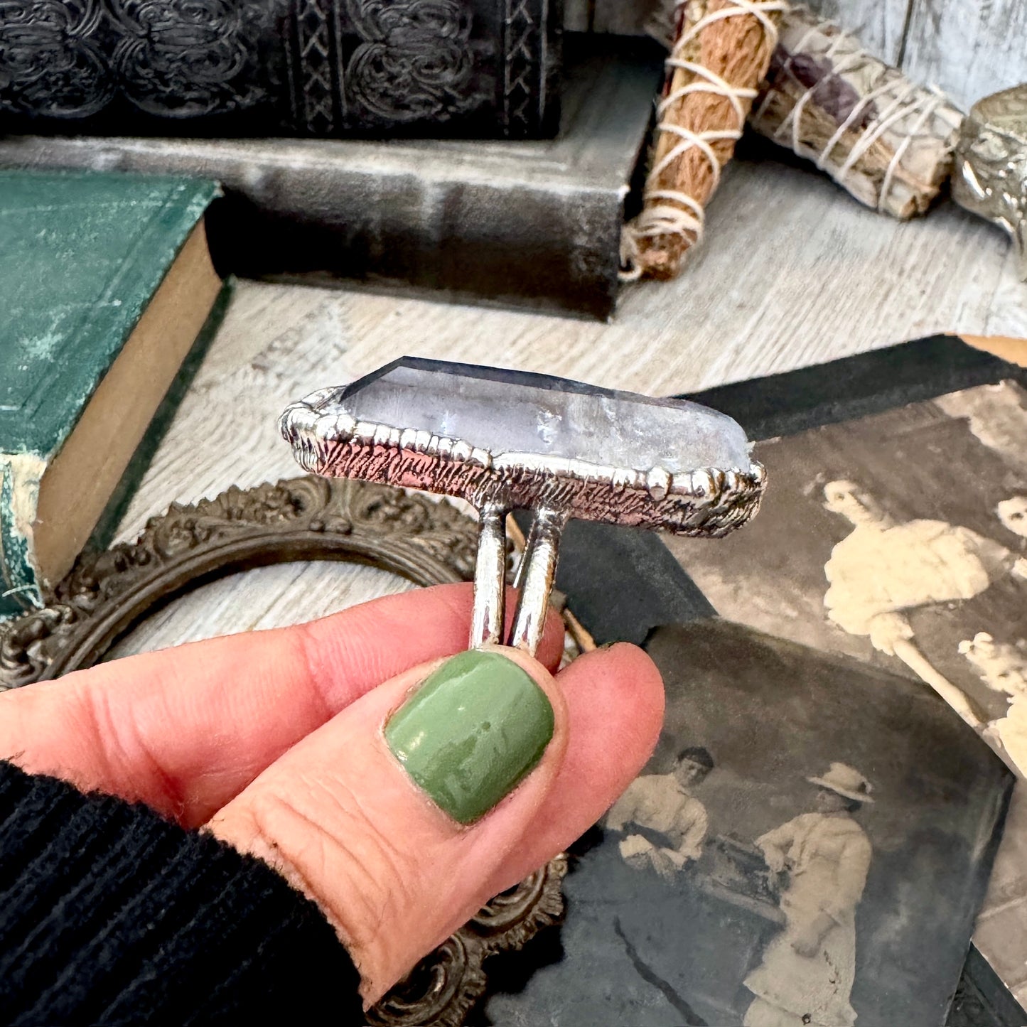 The Colossal Collection - Aqua Aura Quartz Crystal Ring Set in Fine Silver Size 10 / One of a Kind FOXLARK