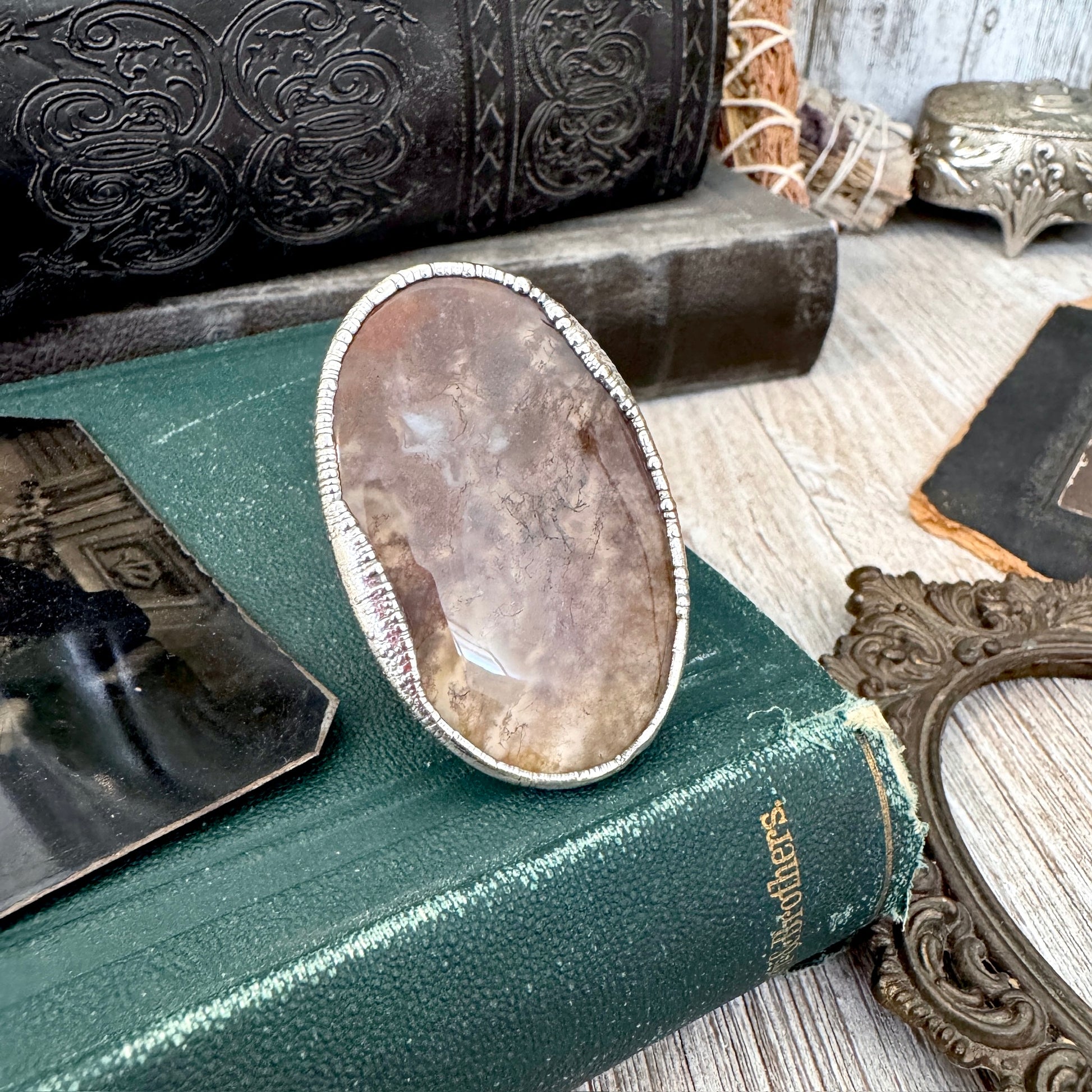 The Colossal Collection - Fancy Moss Agate Crystal Ring Set in Fine Silver Size 8.5 / One of a Kind FOXLARK