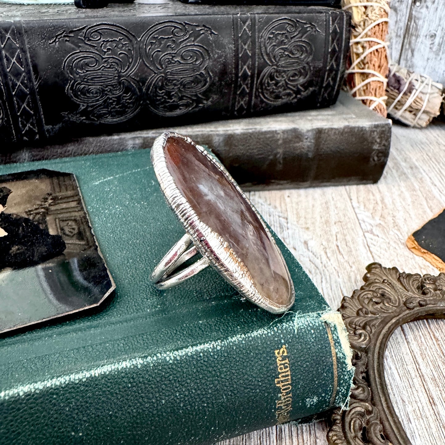 The Colossal Collection - Fancy Moss Agate Crystal Ring Set in Fine Silver Size 8.5 / One of a Kind FOXLARK