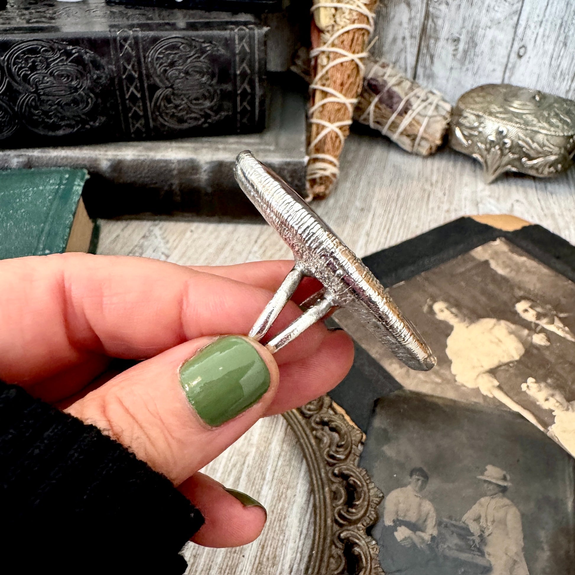 The Colossal Collection - Fancy Moss Agate Crystal Ring Set in Fine Silver Size 8.5 / One of a Kind FOXLARK