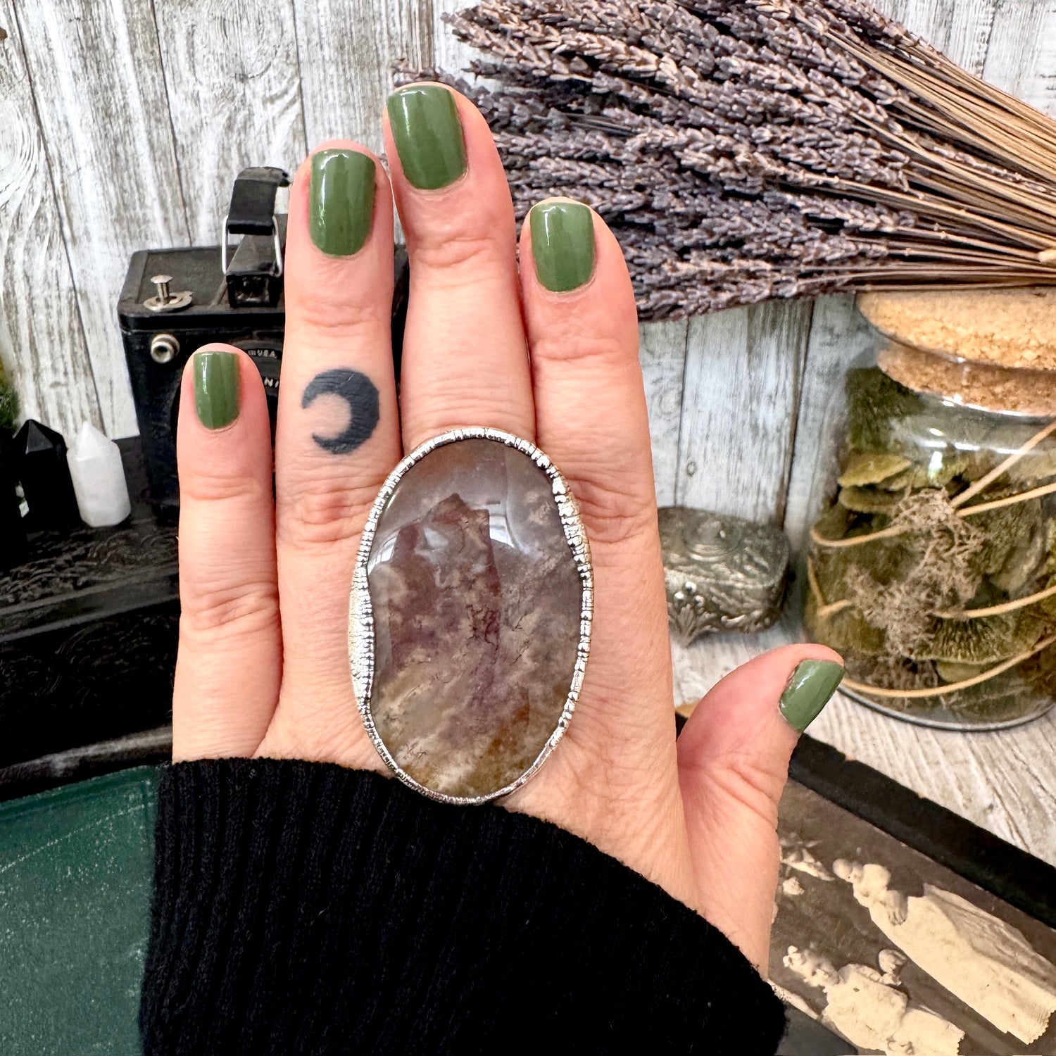 The Colossal Collection - Fancy Moss Agate Crystal Ring Set in Fine Silver Size 8.5 / One of a Kind FOXLARK